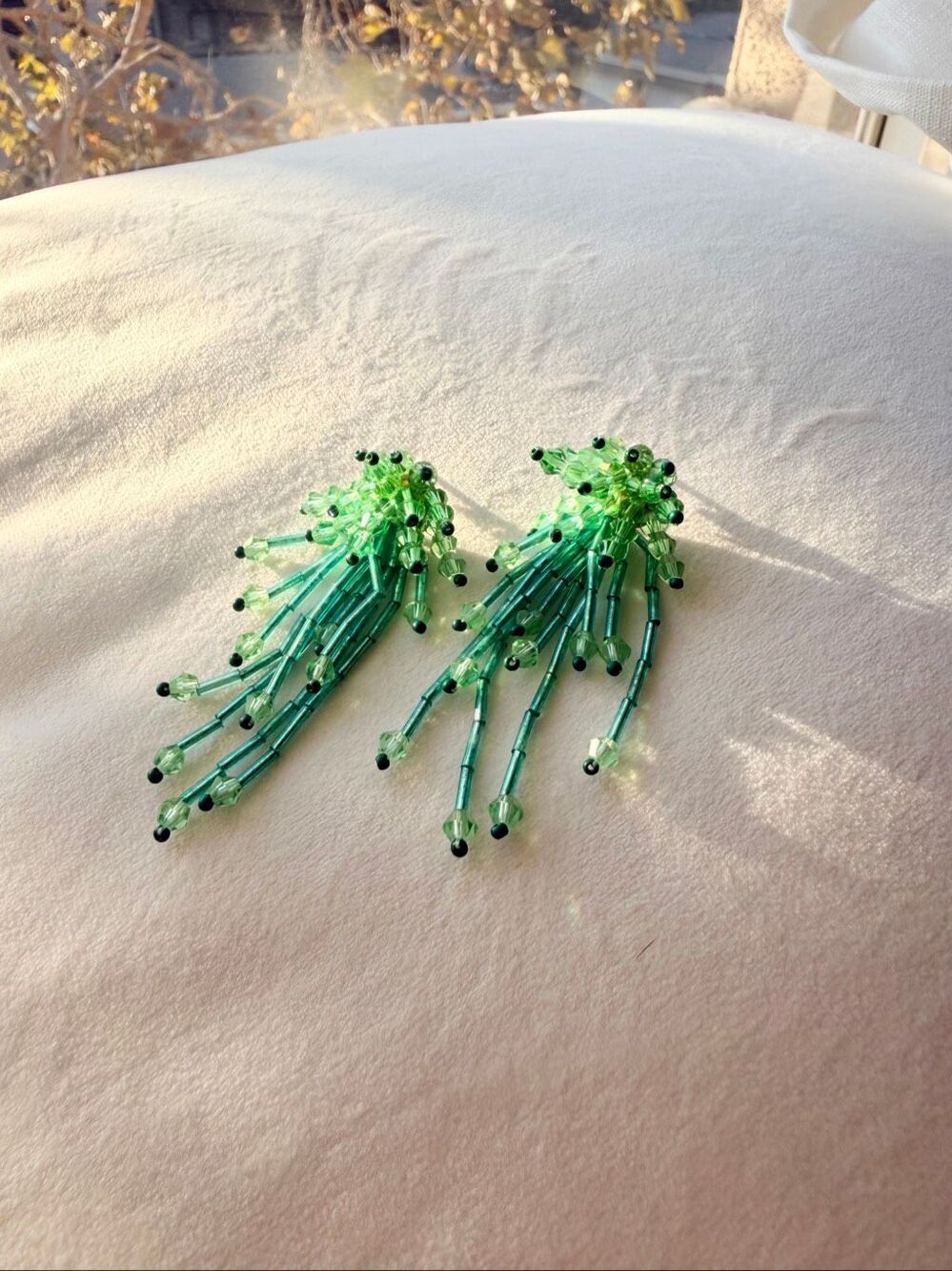 Green Beaded Fringe Tassel Statement Earrings Crystal Dangle